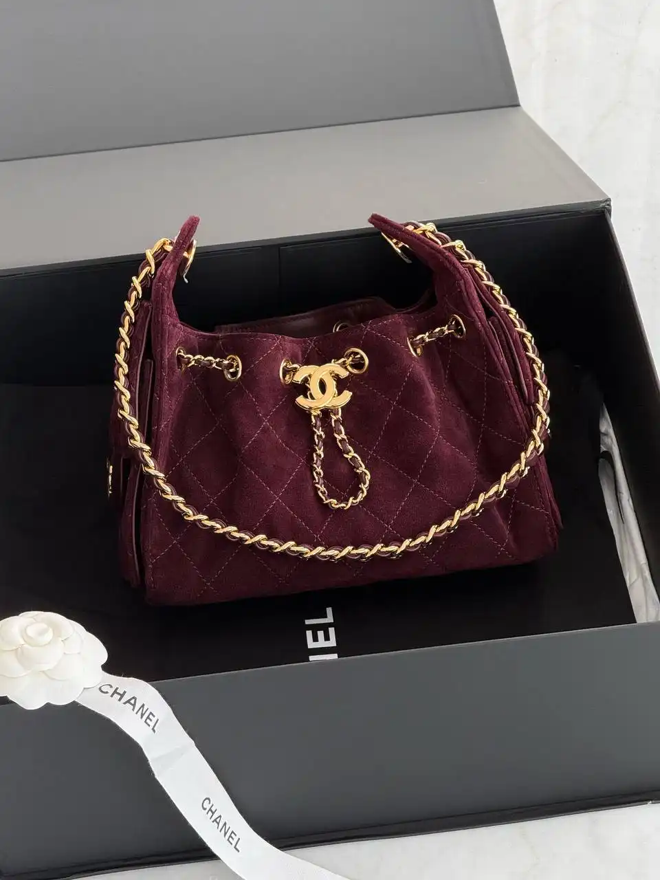 CHANEL Chanel 25 / C25 Burgundy Velvet GHW Shiny Buckle