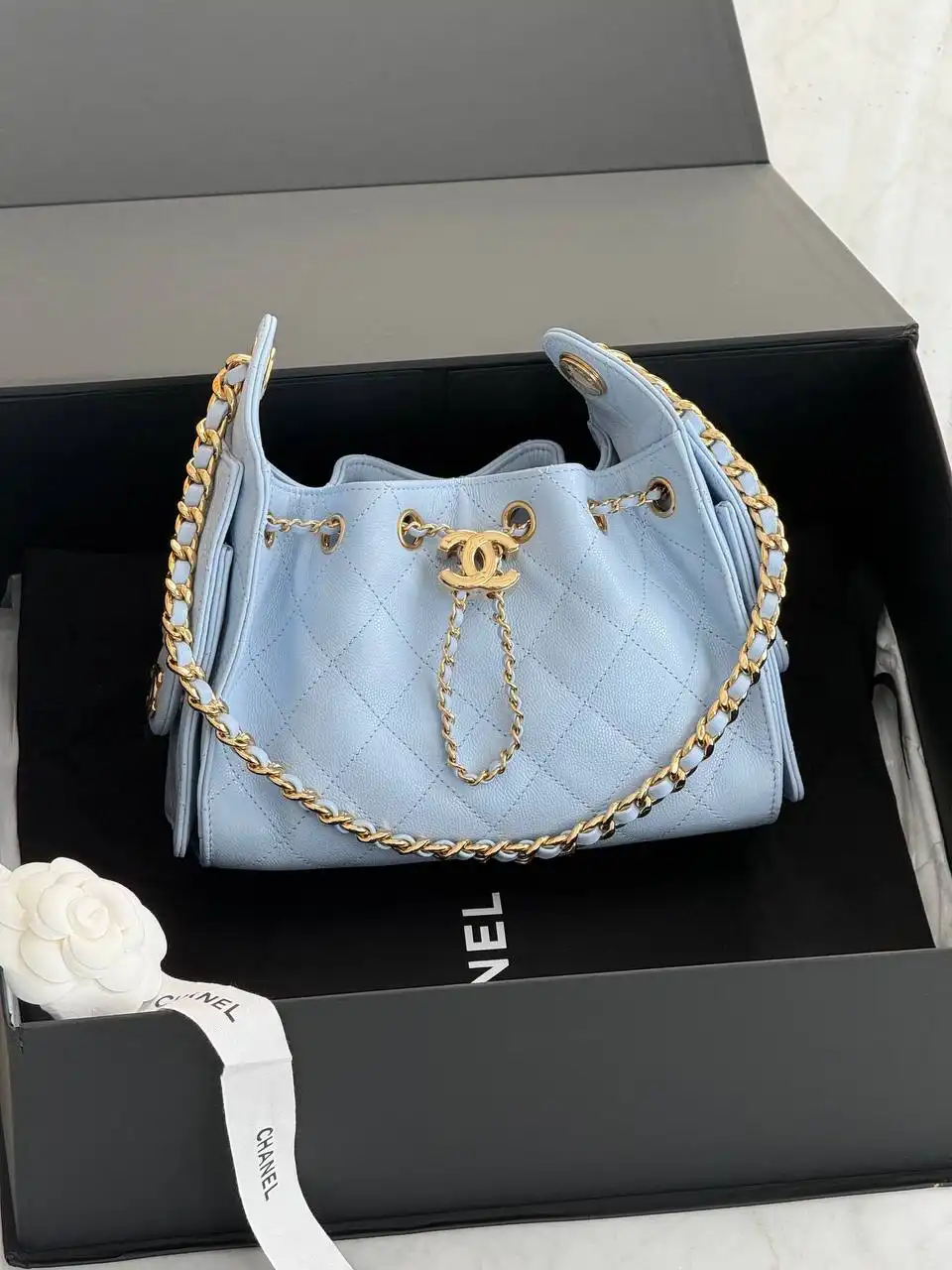 CHANEL Chanel 25 / C25 Mini Light Blue Caviar GHW Shiny Buckle