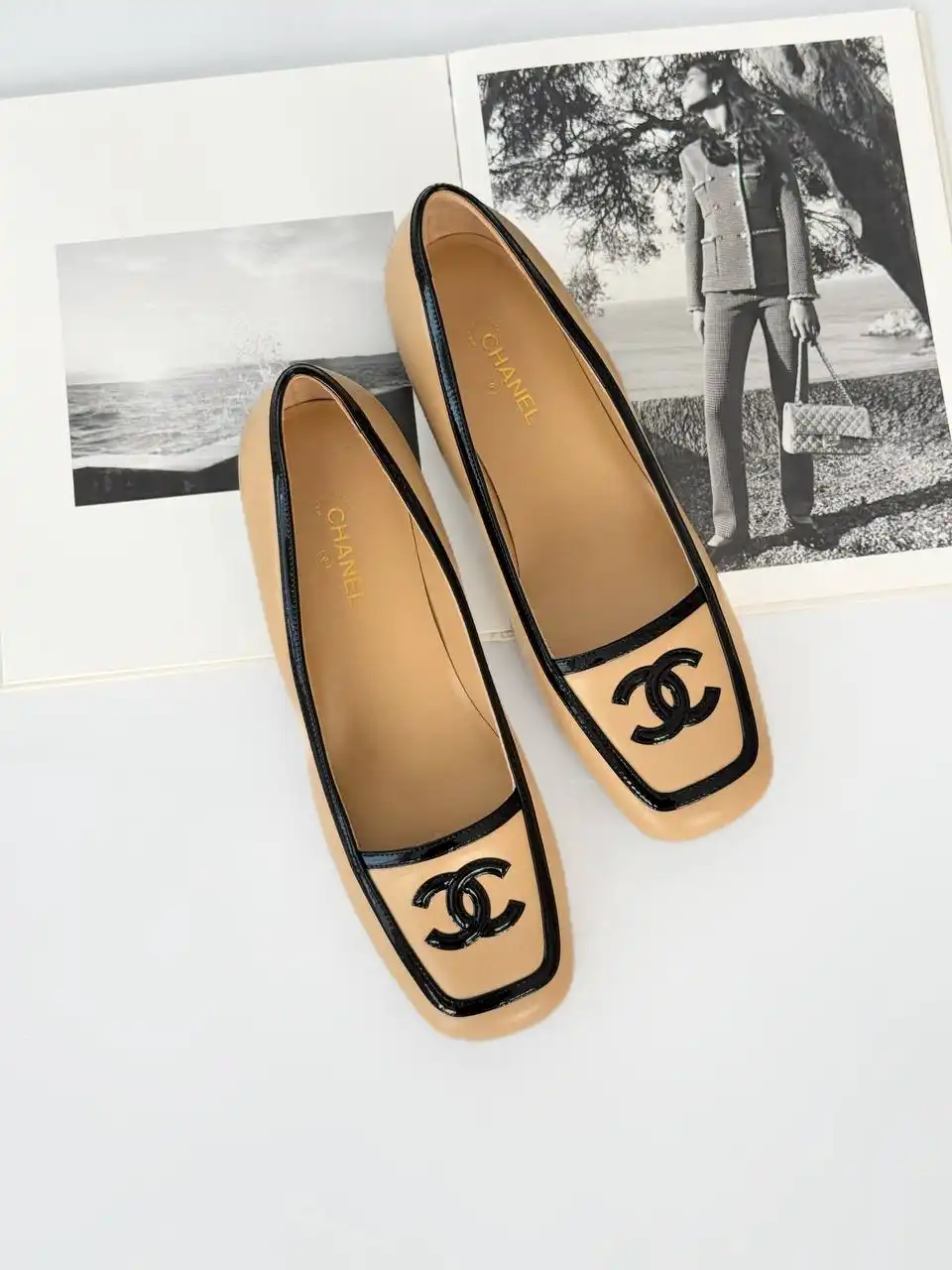 Chanel CC Logo Square Toe Low Heel Pumps Beige - photo 1