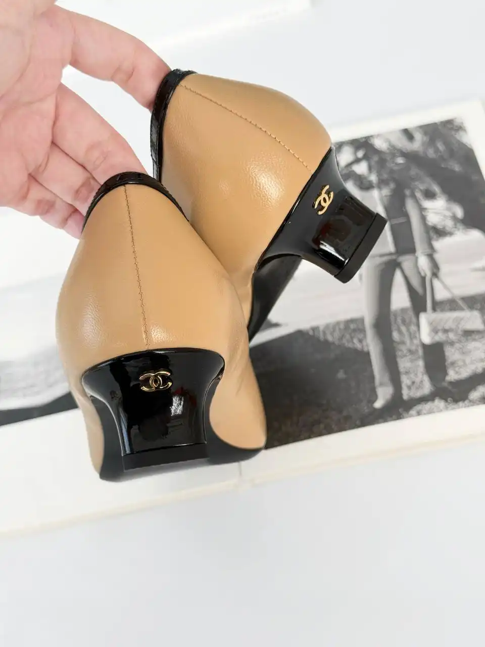 Chanel CC Logo Square Toe Low Heel Pumps Beige - photo 3