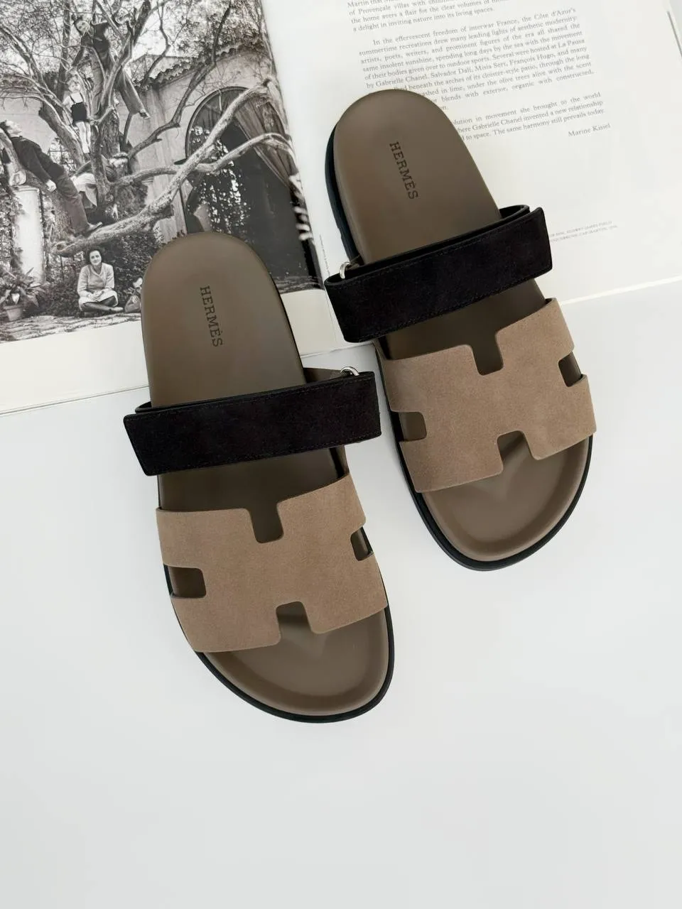 Hermes Chypre Sandal Suede Etoupe / Noir Black - photo 1