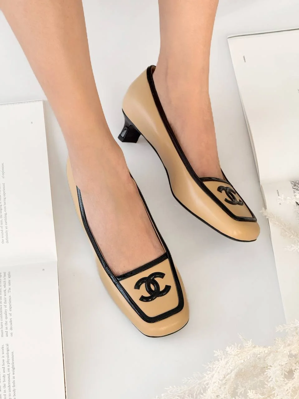 Chanel CC Logo Square Toe Low Heel Pumps Beige - photo 5