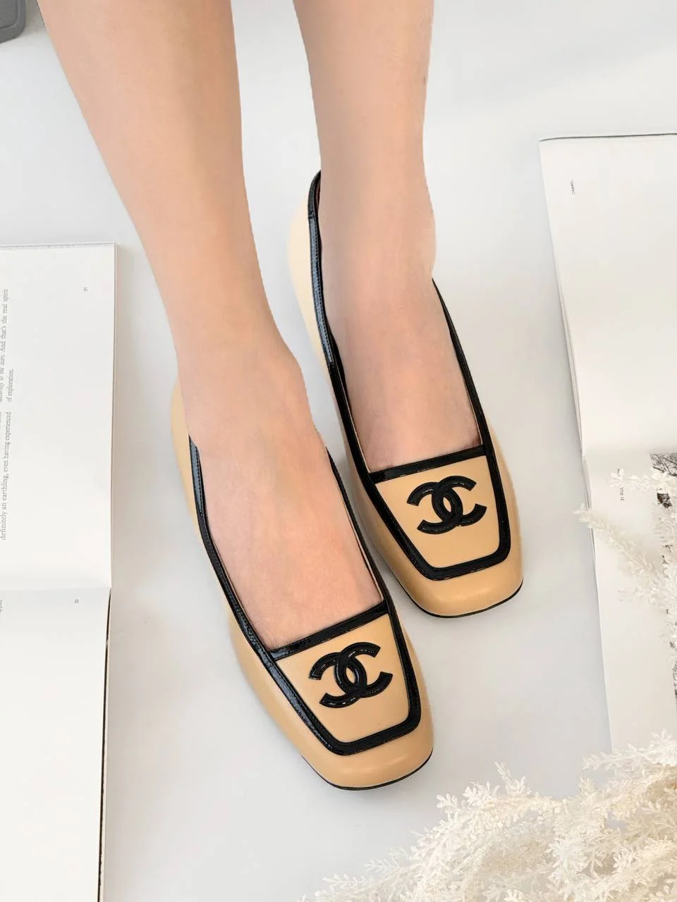 Chanel CC Logo Square Toe Low Heel Pumps Beige - photo 4