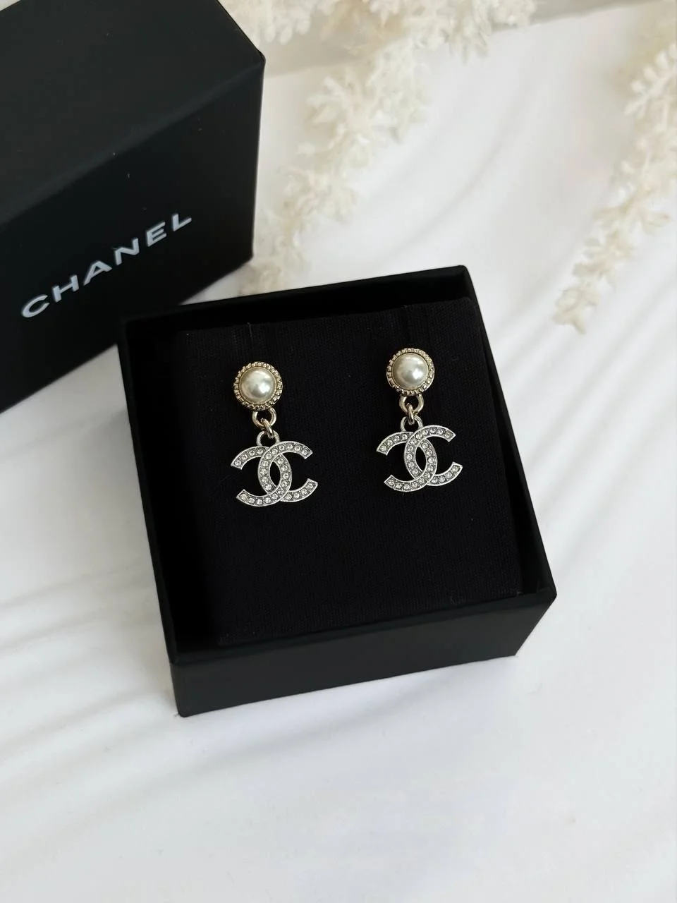 CHANEL Chanel Earrings Pearl & Crystal CC Drop