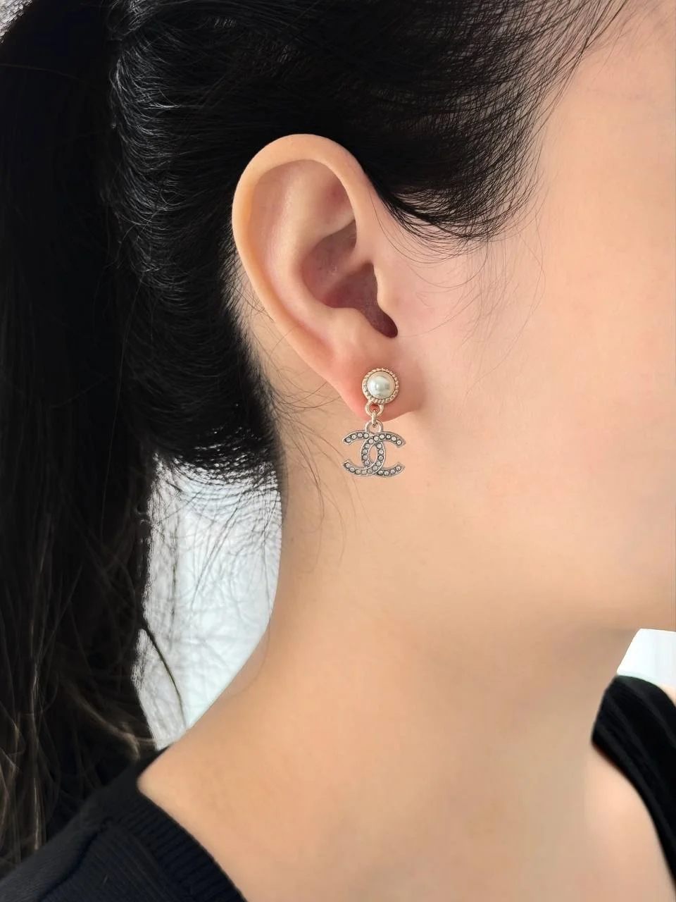 CHANEL Chanel Earrings Pearl & Crystal CC Drop