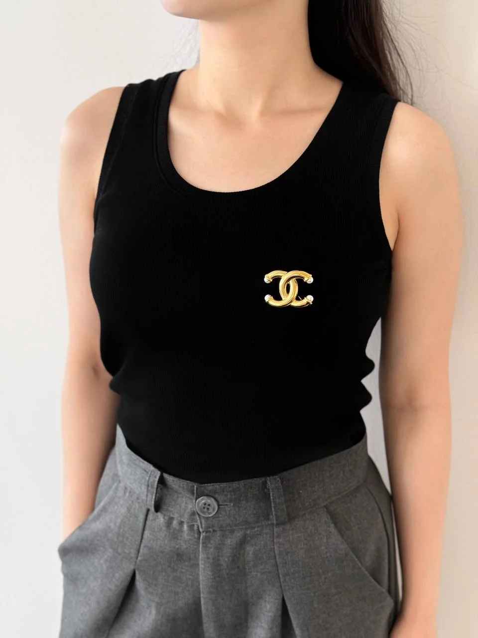 CHANEL Chanel Brooch Interlocking CC Pearl Tip Gold