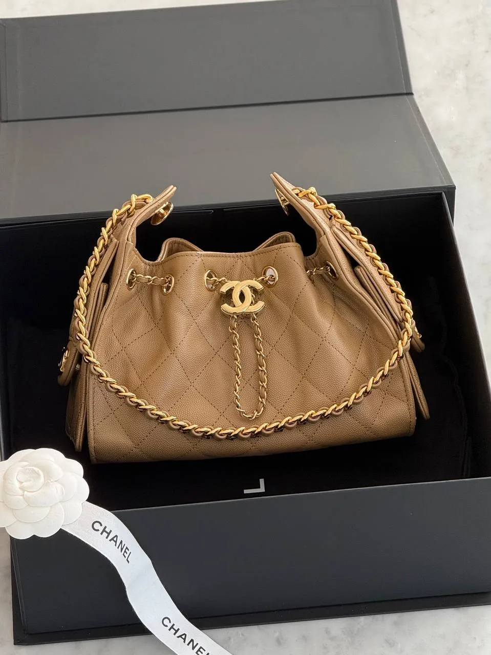 CHANEL Chanel 25 / C25 Mini Caviar Dark Beige GHW
