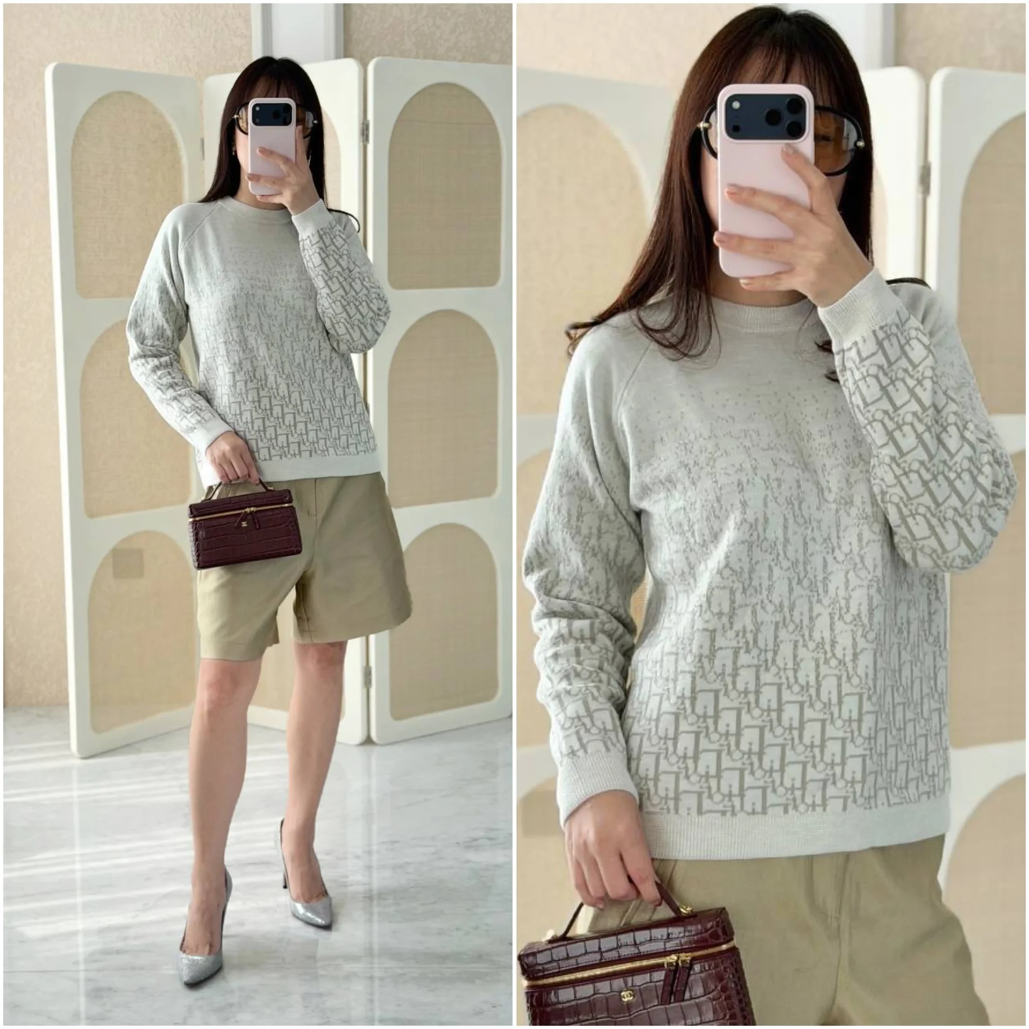DIOR DIOR Beige Wool Knit with Gradient Gray Dior Oblique Jacquard