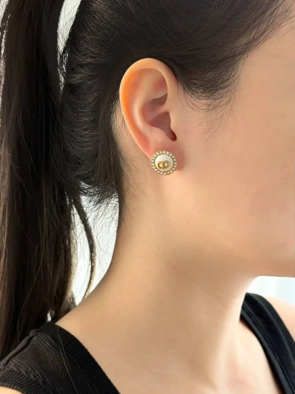 DIOR Petit CD Baroque Clip - On Stud Earrings Gold Metal White Resin Pearls and Latte Glass - photo 3
