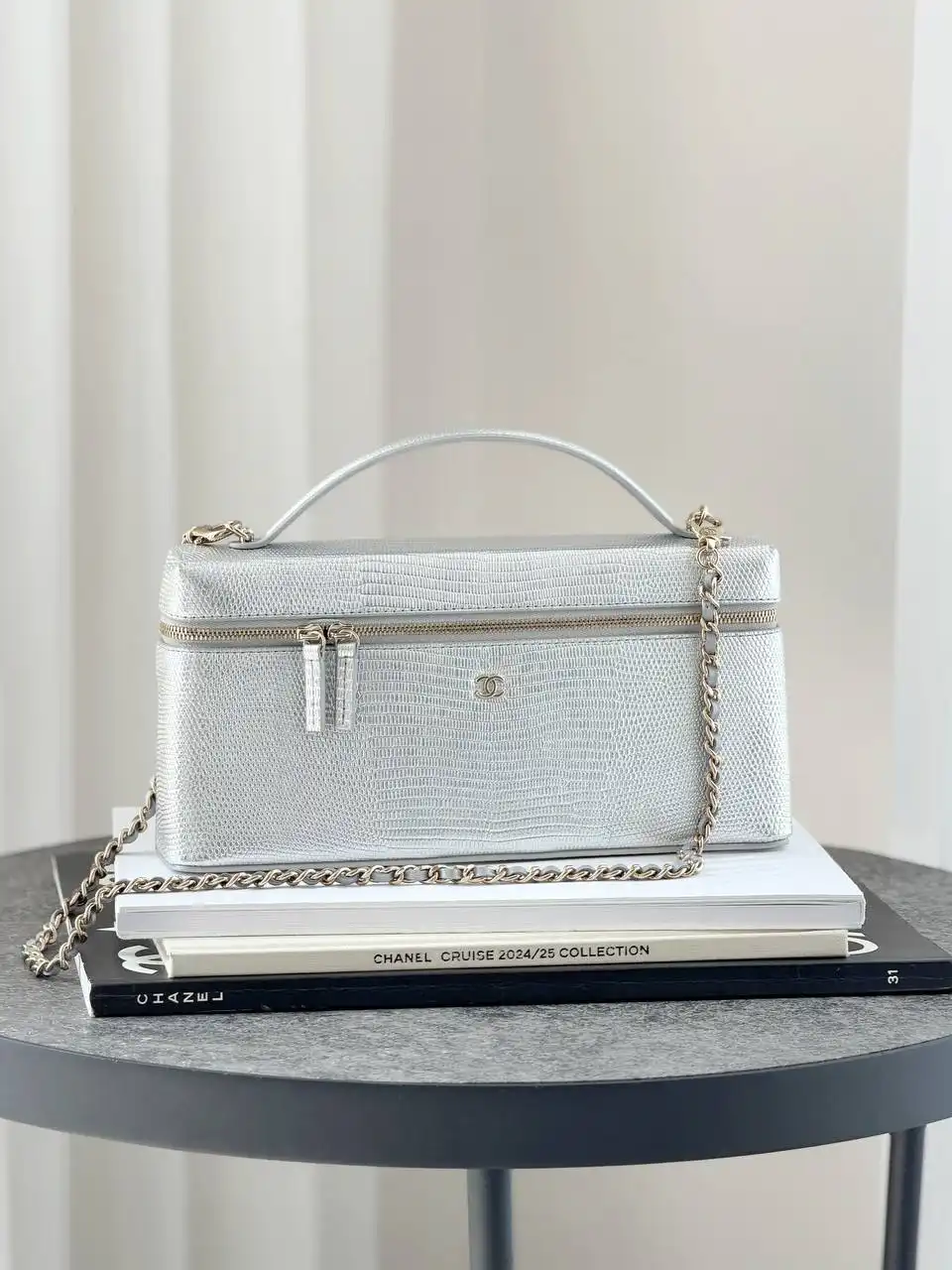 CHANEL Chanel Long Vanity Top Handle Lizzard Silver GHW