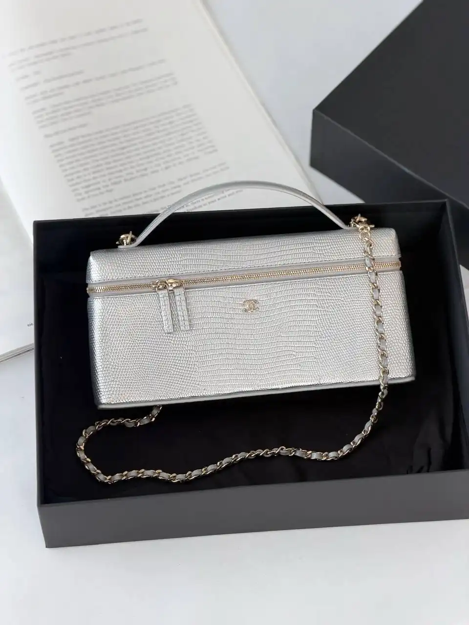 CHANEL Chanel Long Vanity Top Handle Lizzard Silver GHW