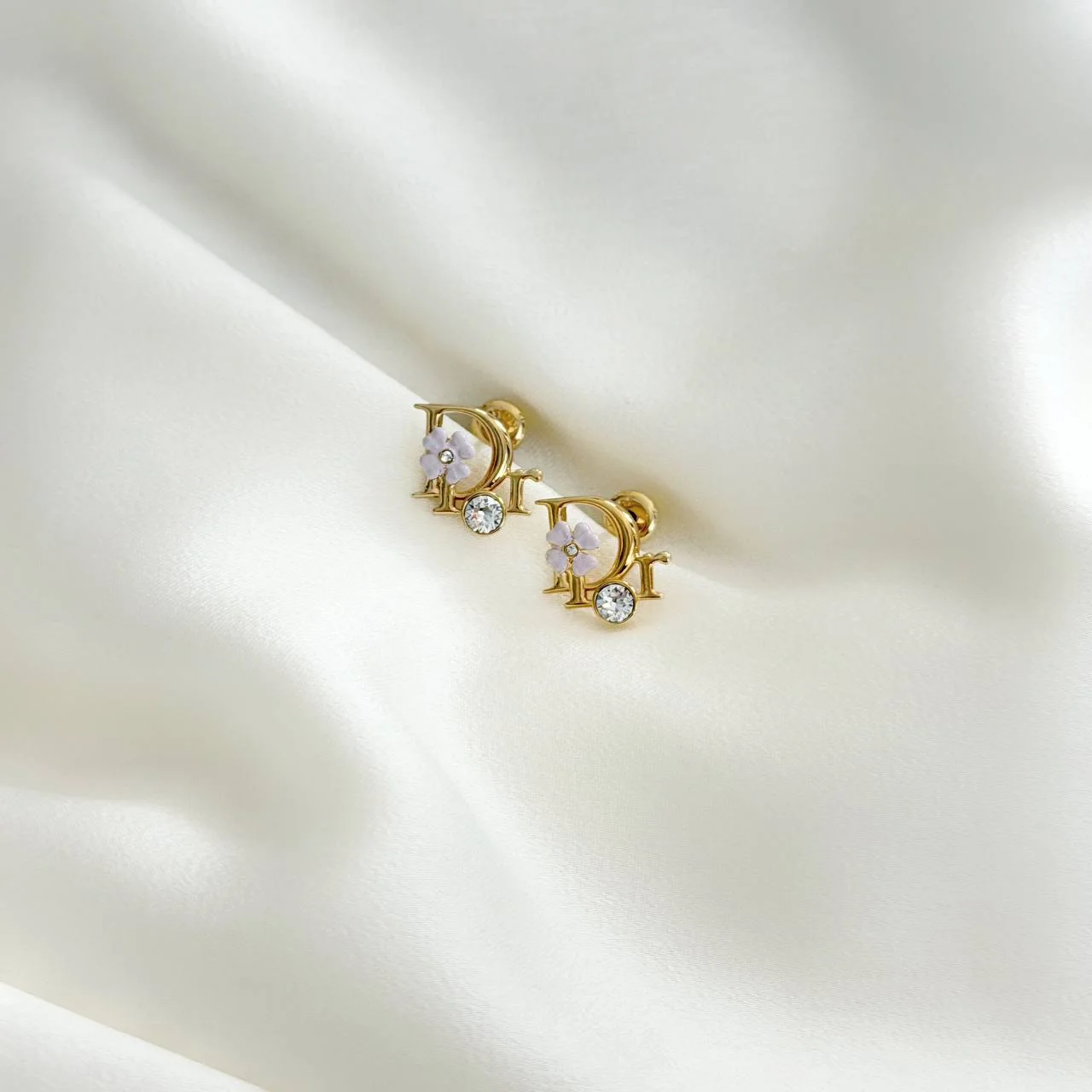 DIOR DIOR Precious Clover Stud Earrings  Gold Metal Crystals and Pink Lacquer