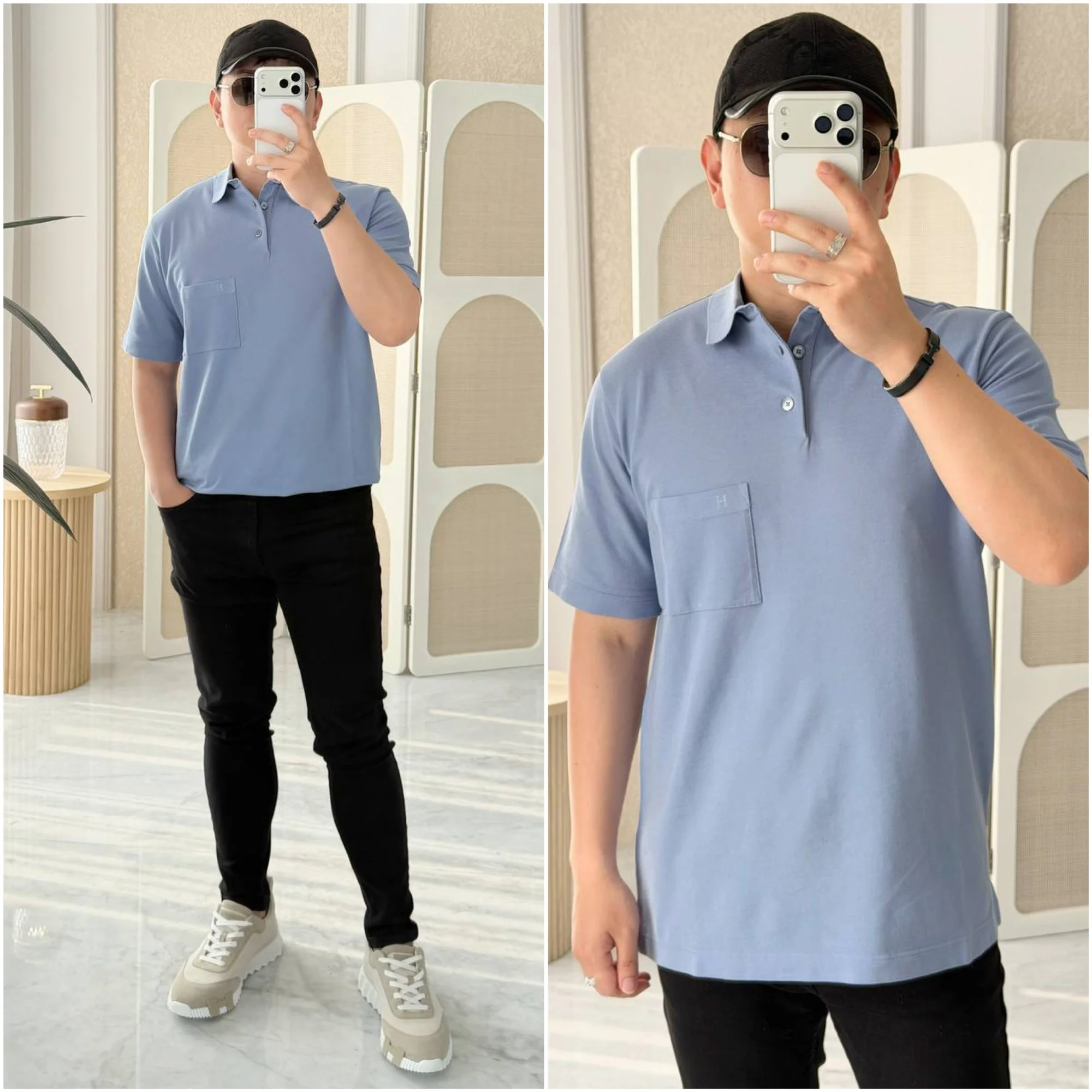 Hermes Hermes H Embroidered Buttoned Polo Shirt Bleu Ciel