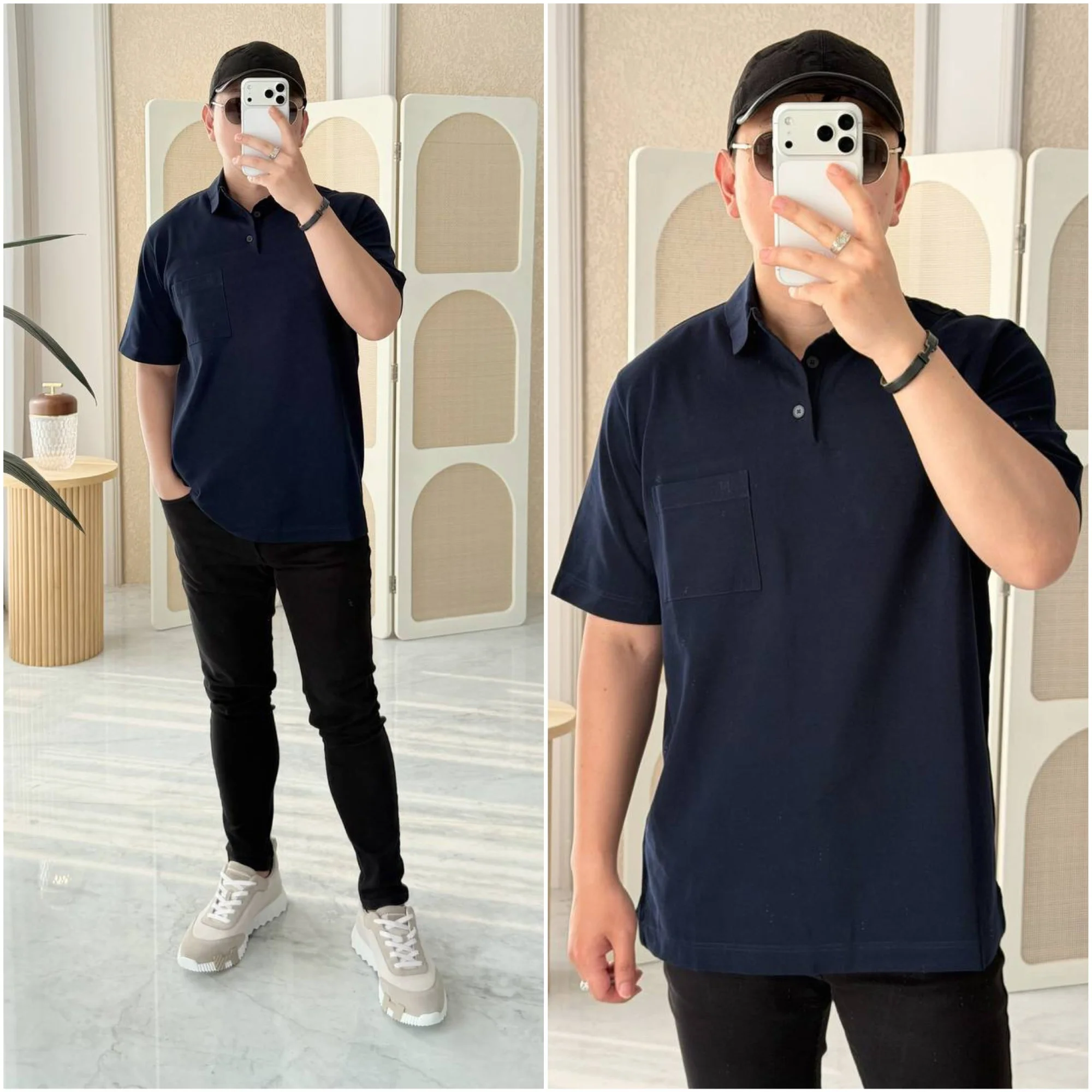 Hermes Hermes H Embroidered Buttoned Polo Shirt Marine