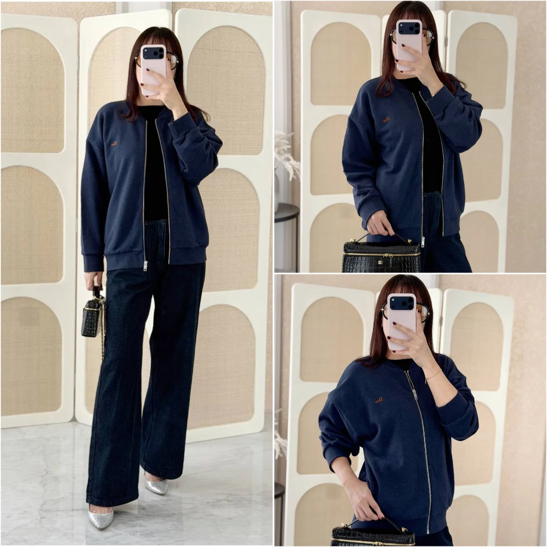 DIOR DIOR Zipped Sweatshirt Navy Blue Cotton and Wool Fleece