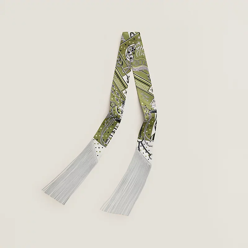Hermes Bandana Leather Fringes Twilly Kaki / Blanc White / Noir Black - photo 6