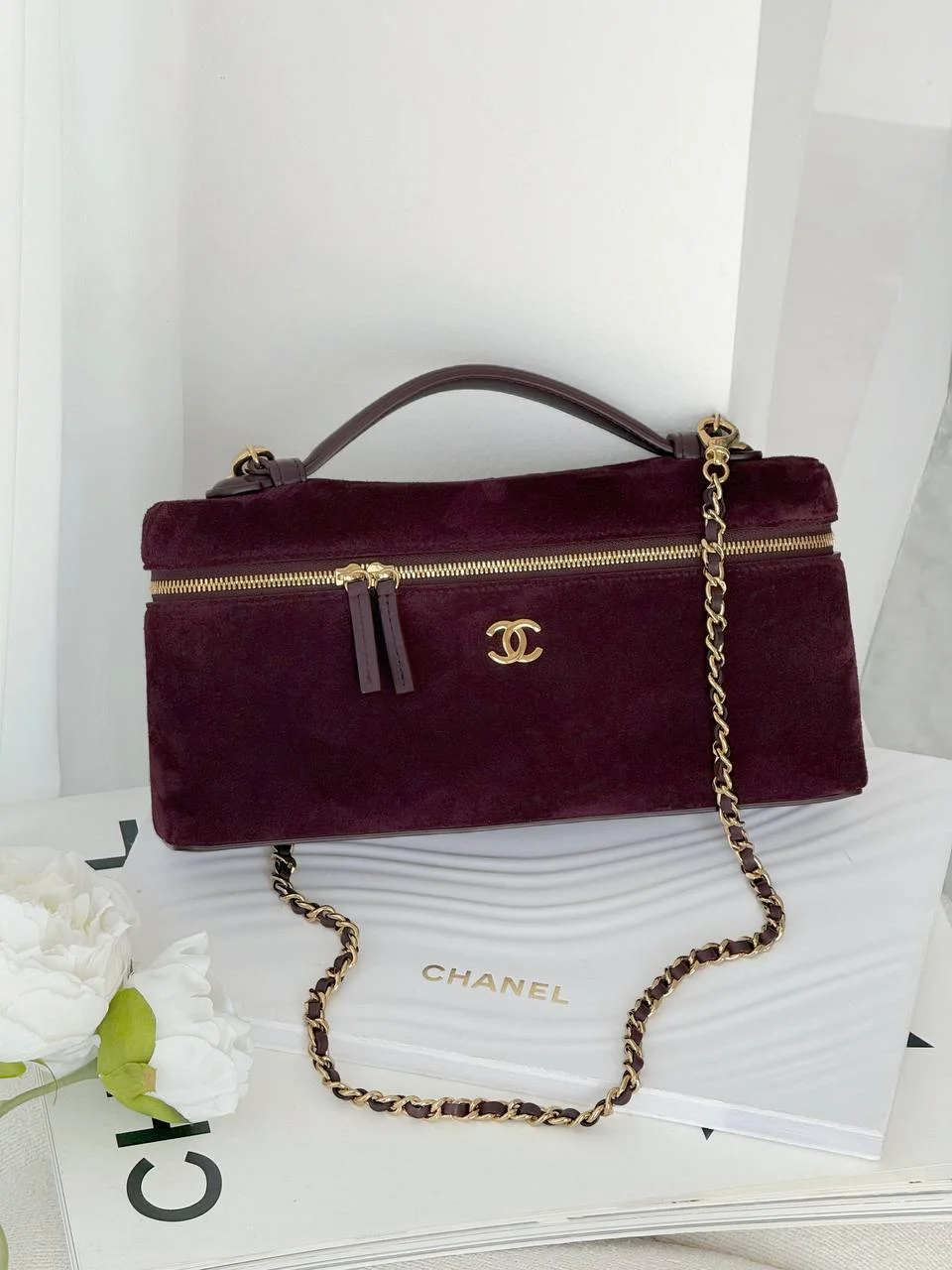 CHANEL Chanel Vanity Classic Long Velvet Burgundy GHW