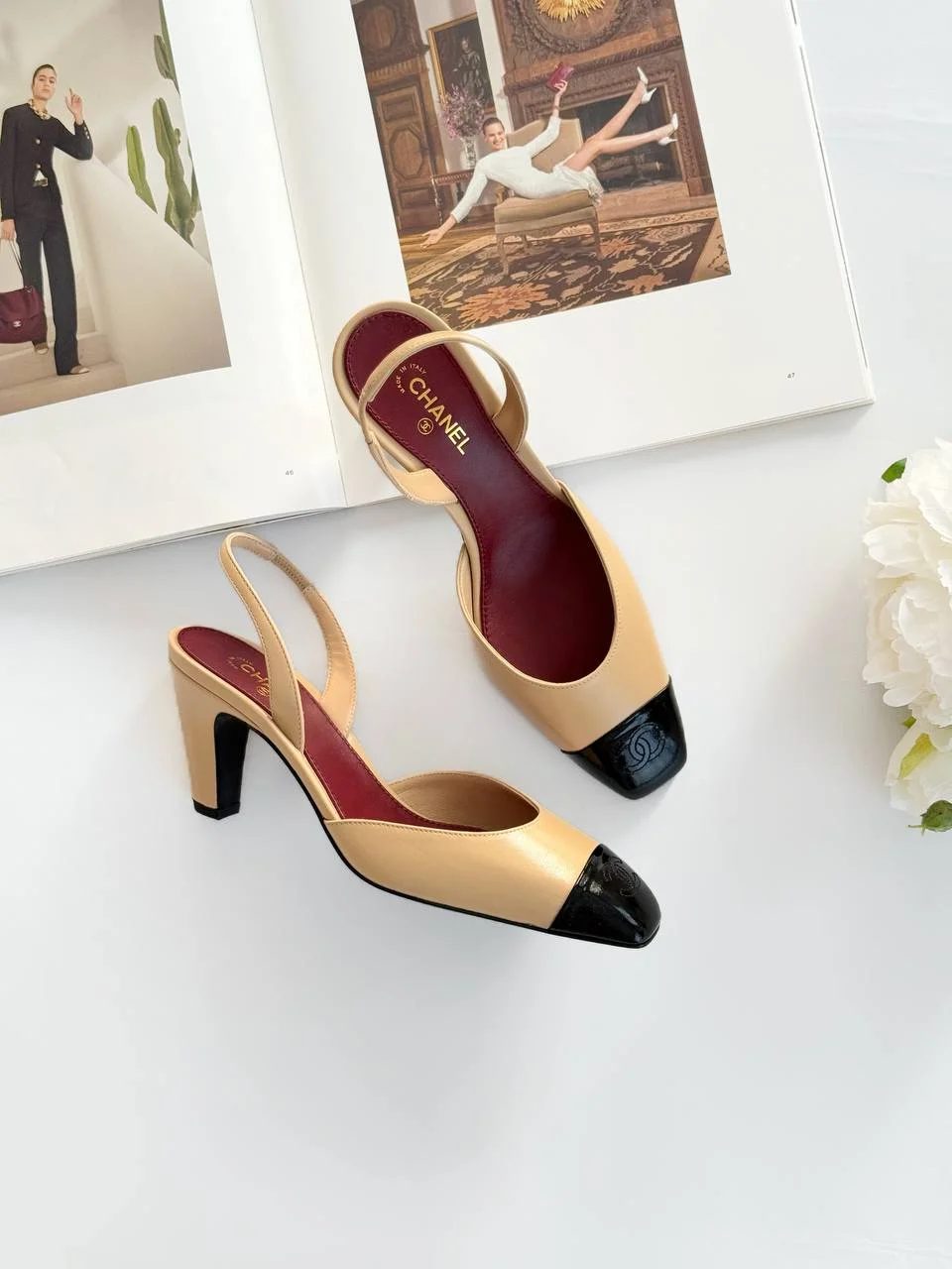 CHANEL Chanel Classic Cap Toe Slingbacks Beige Black