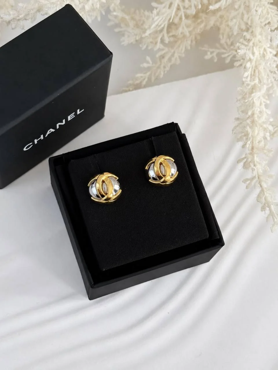CHANEL Chanel Earrings Silver Enamel CC Gold Dome