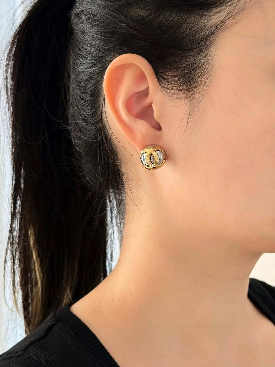 CHANEL Chanel Earrings Silver Enamel CC Gold Dome