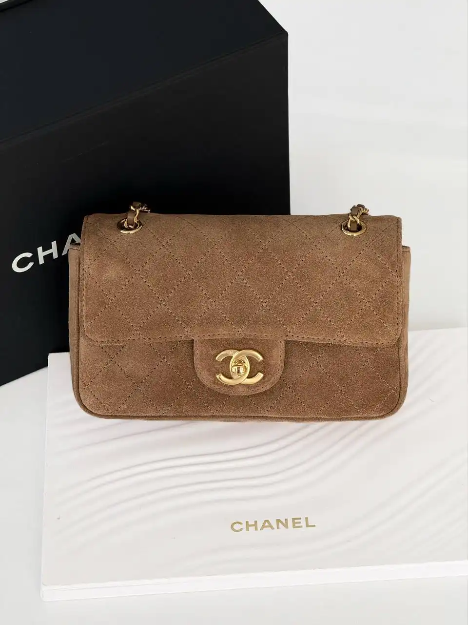 CHANEL Chanel Mini Classic Flap Velvet Dark Beige GHW