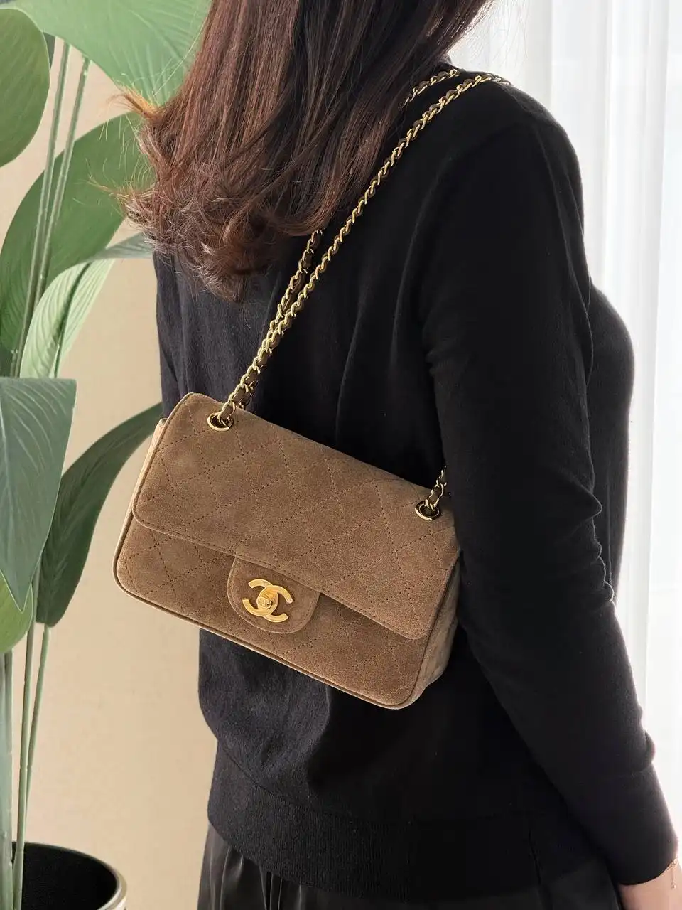 CHANEL Chanel Mini Classic Flap Velvet Dark Beige GHW