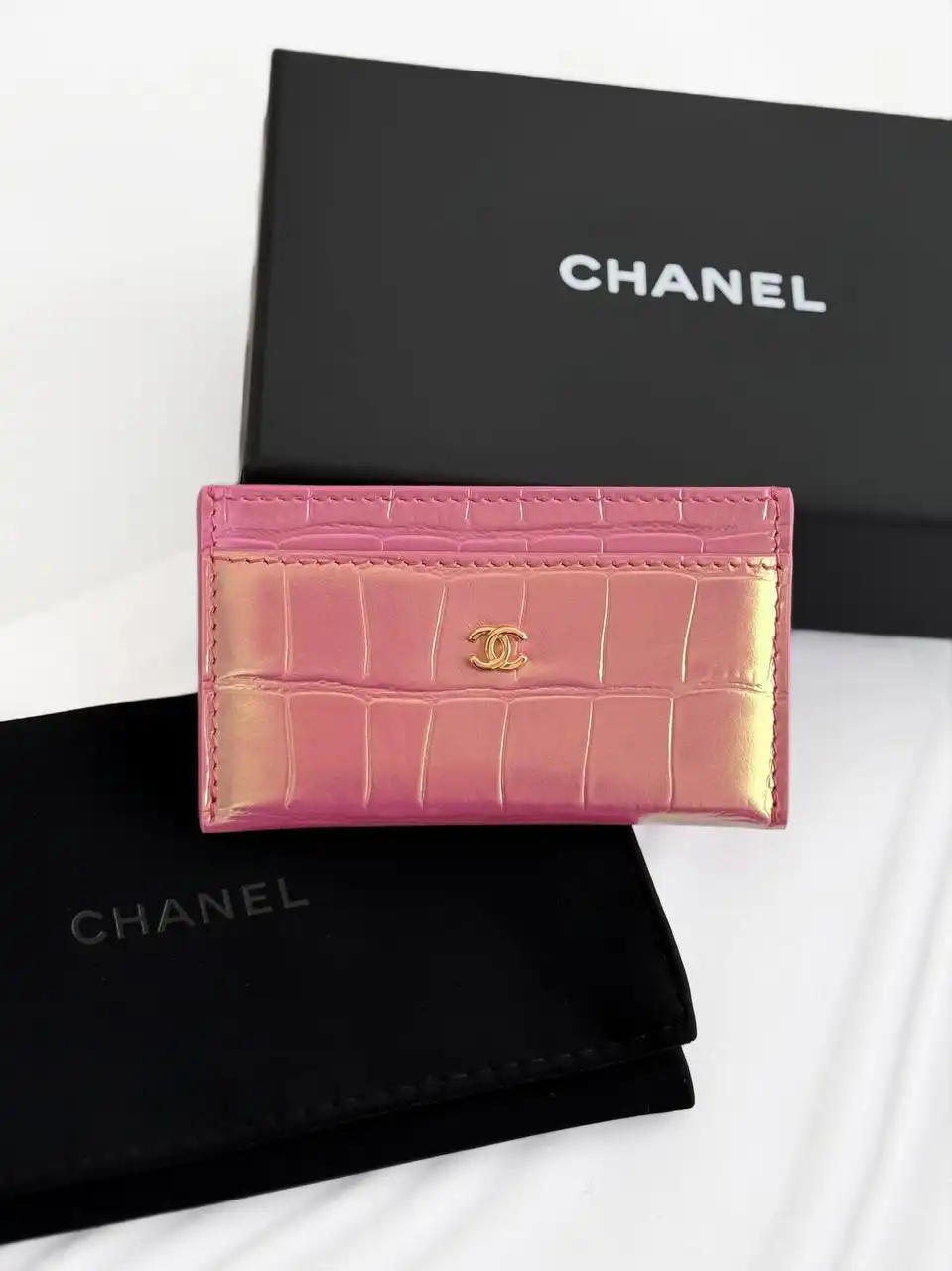 CHANEL Chanel Classic Card Holder Croco Iridiscent Pink
