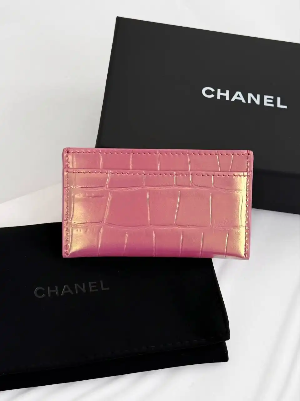 CHANEL Chanel Classic Card Holder Croco Iridiscent Pink