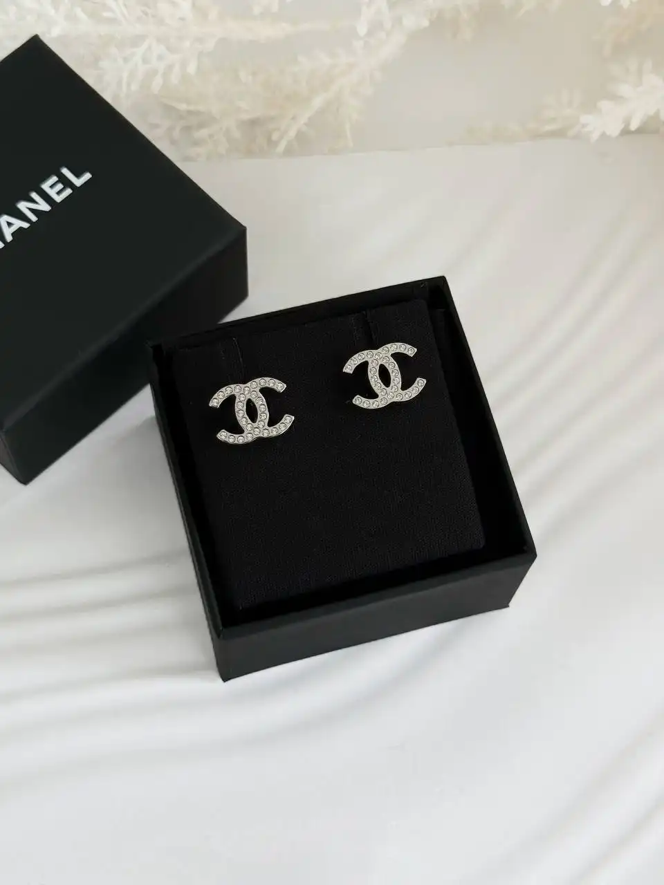 CHANEL Chanel Earrings Silver - Tone Rhinestone CC Logo