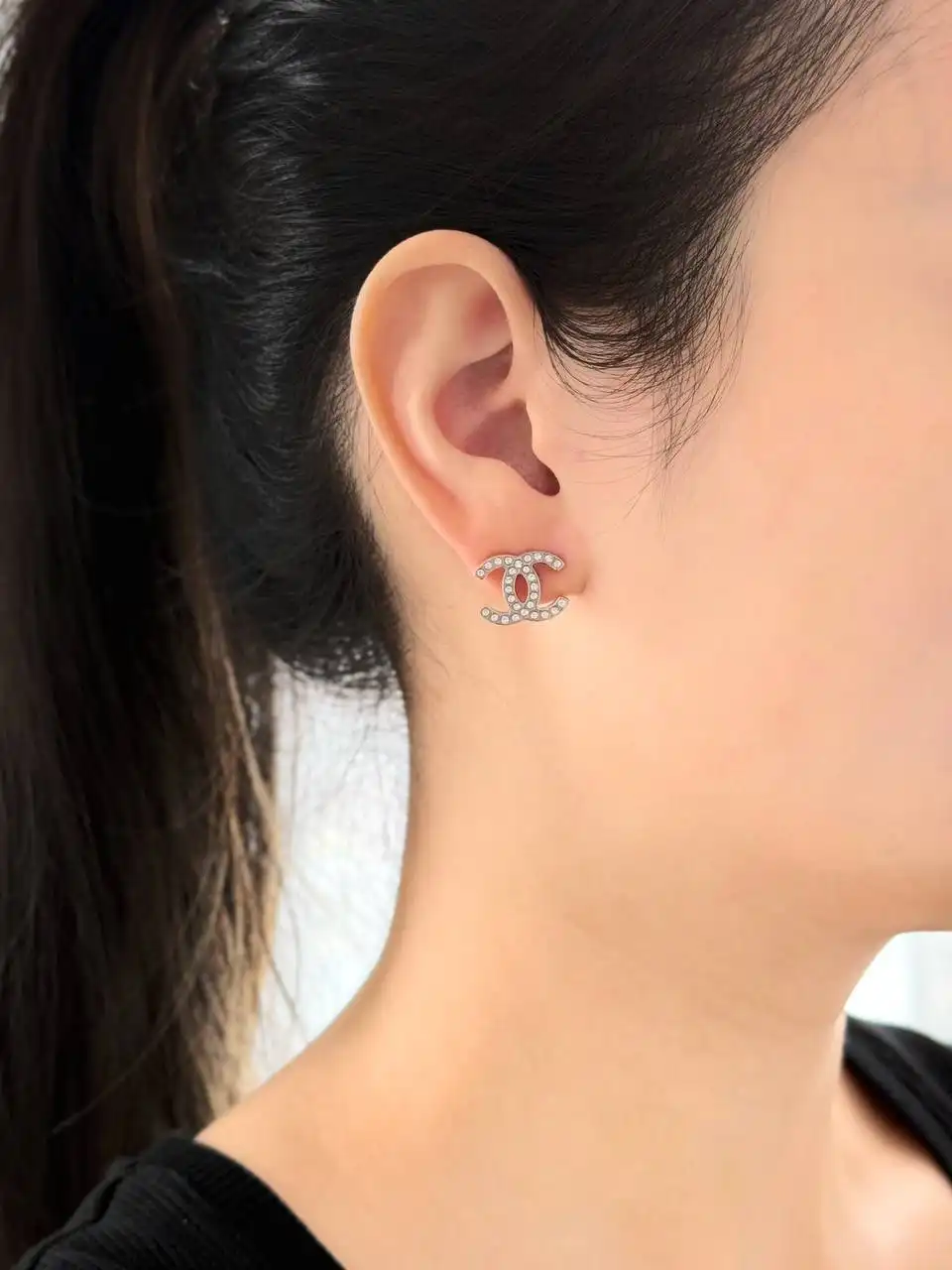CHANEL Chanel Earrings Silver - Tone Rhinestone CC Logo