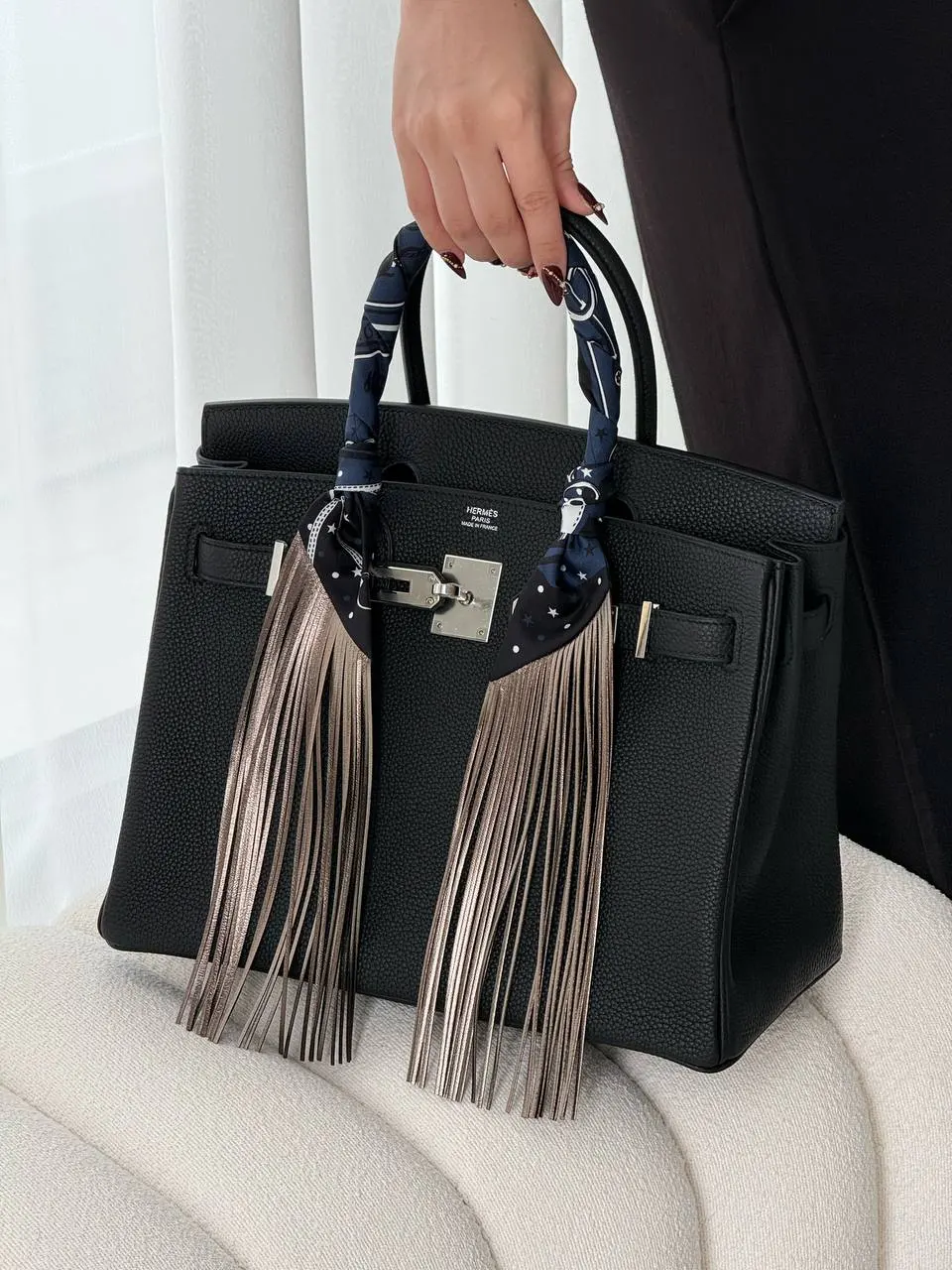 Hermes Hermes Bandana Leather Fringes Twilly Marine / Blanc White / Noir Black