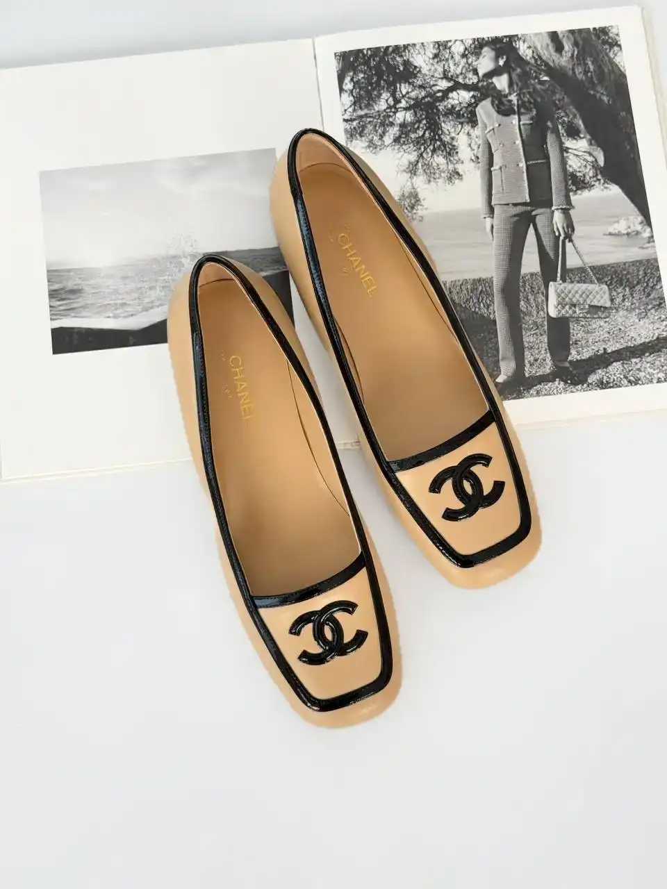 CHANEL Chanel CC Logo Square Toe Low Heel Pumps Beige