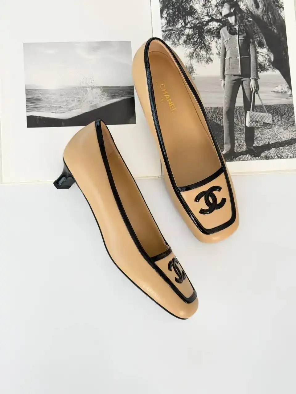 CHANEL Chanel CC Logo Square Toe Low Heel Pumps Beige
