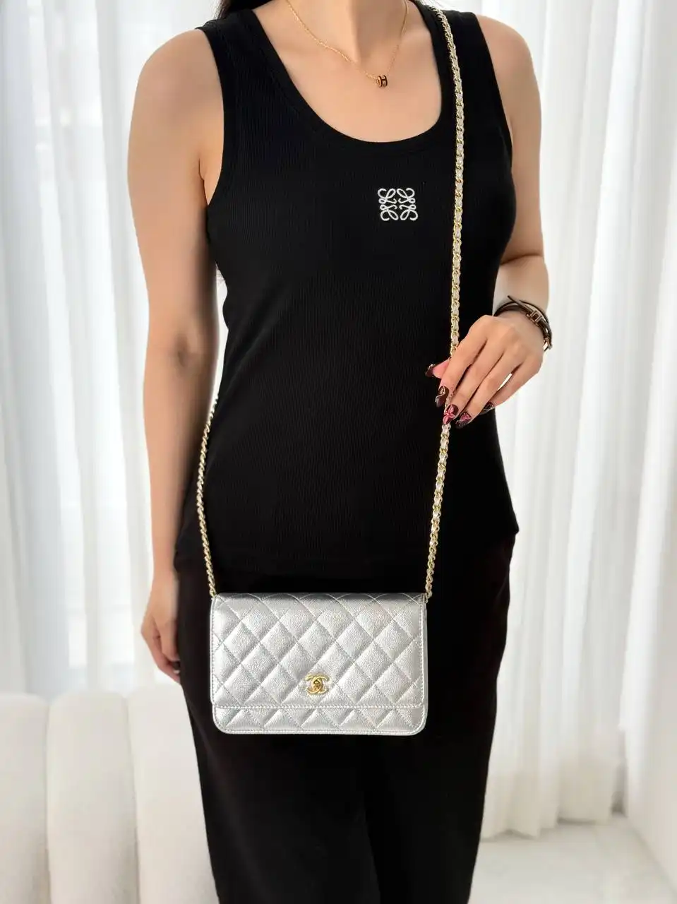 CHANEL Chanel WOC Silver Caviar CC GHW